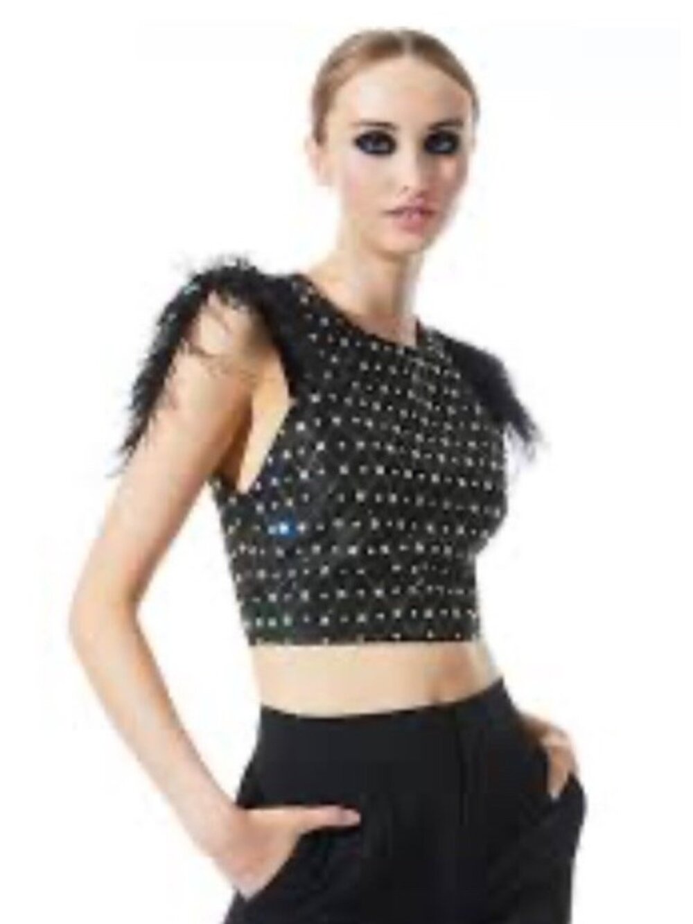 Alice + Olivia Takisha Embellished Cropped Tank Top Flutter Sleeve Feathers L